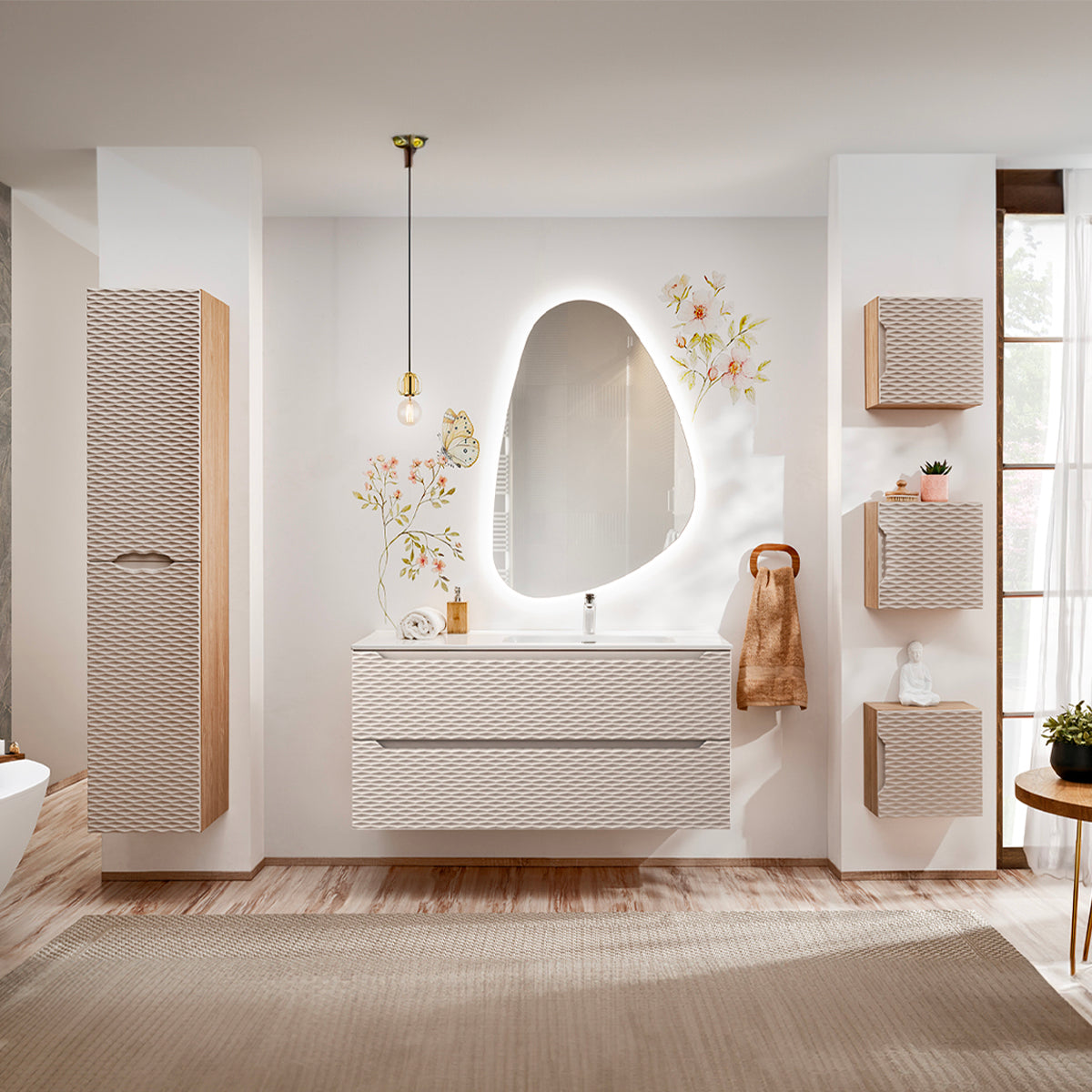 Meuble simple vasque encastrée droite 120cm 2 tiroirs Elora Beige et bois - vue 5