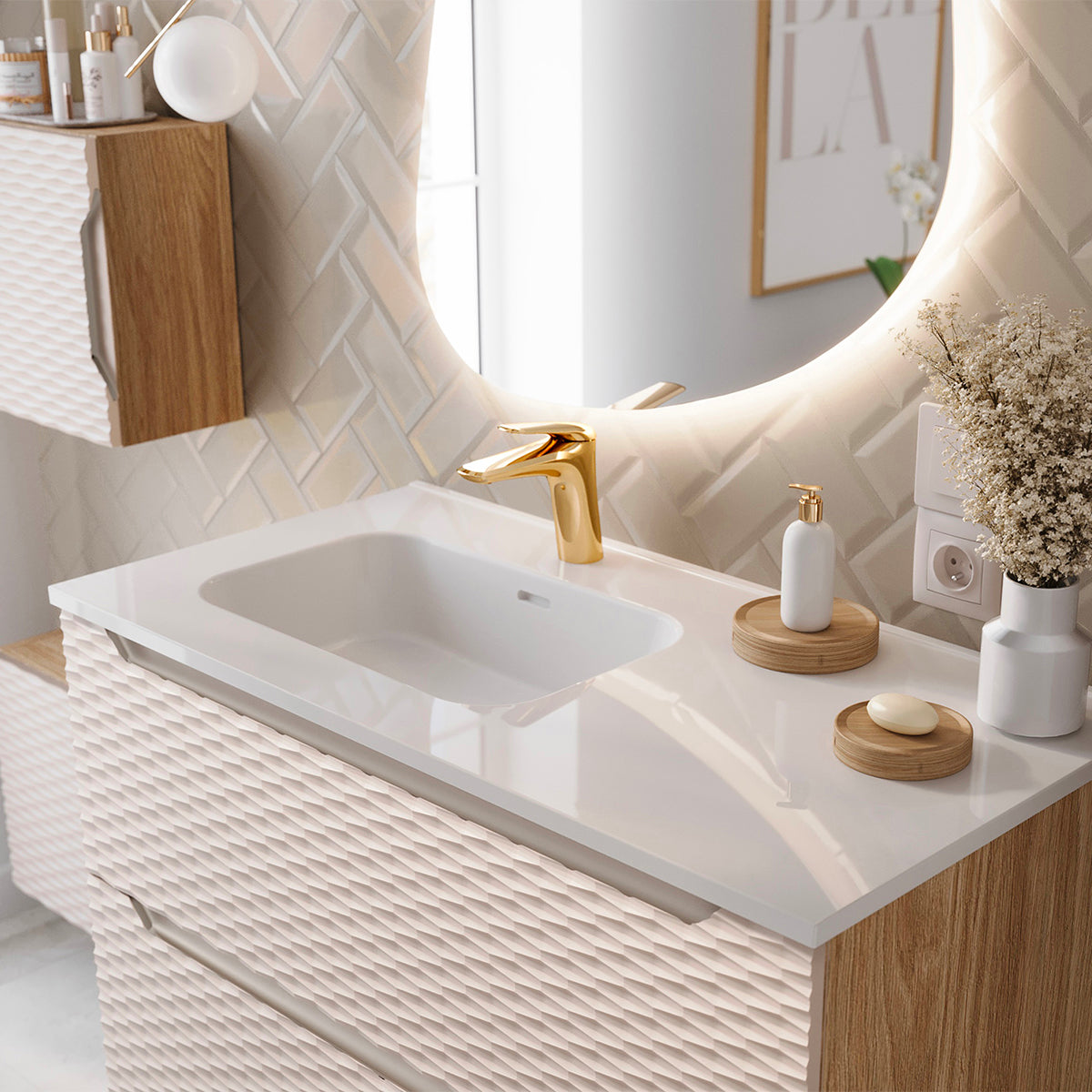Ensemble meuble simple vasque encastrée gauche 120cm 2 tiroirs et colonne Elora Beige et bois - vue 8