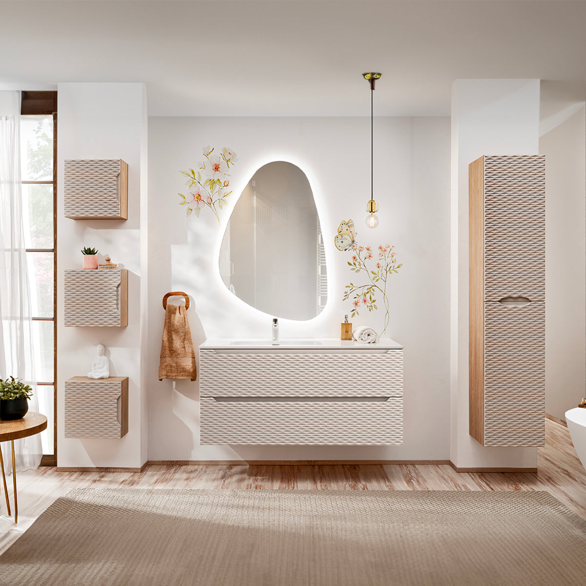 Meuble simple vasque encastrée gauche 120cm 2 tiroirs Elora Beige et bois - vue 5