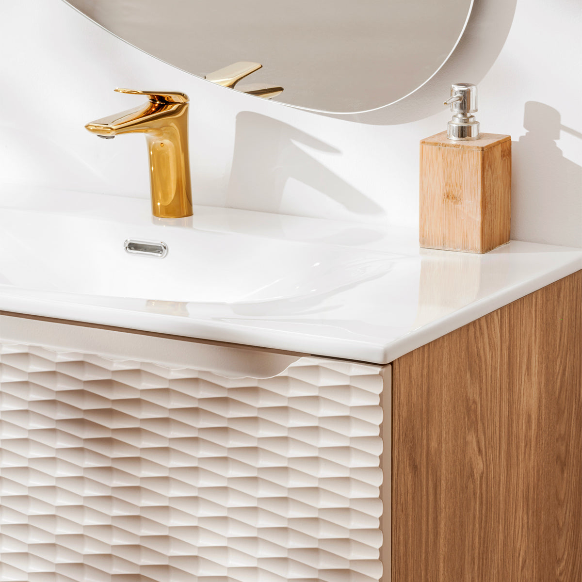 Meuble simple vasque encastrée 120cm 2 tiroirs Elora Beige et bois - vue 4