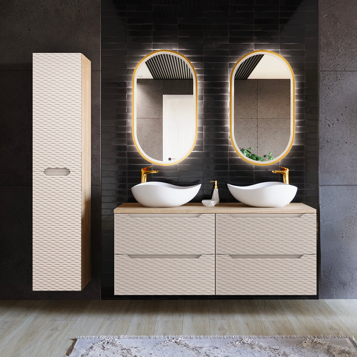 Meuble sous-vasque 120cm 4 tiroirs plan de toilette Elora Beige et bois - vue 4
