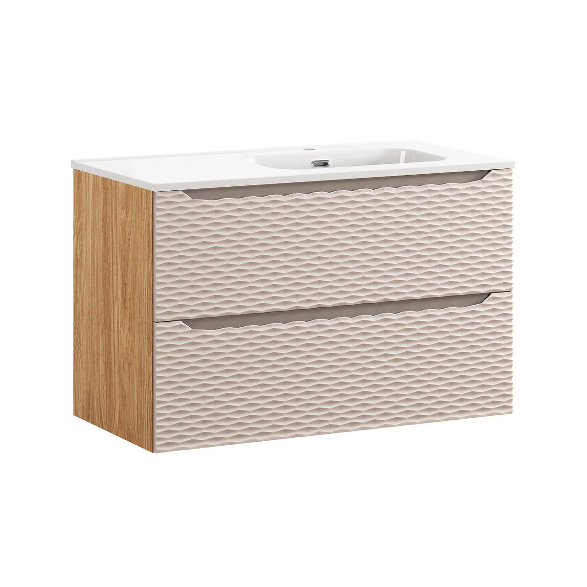 Ensemble meuble simple vasque encastrée droite 90cm et colonne Elora Beige et bois - vue 3