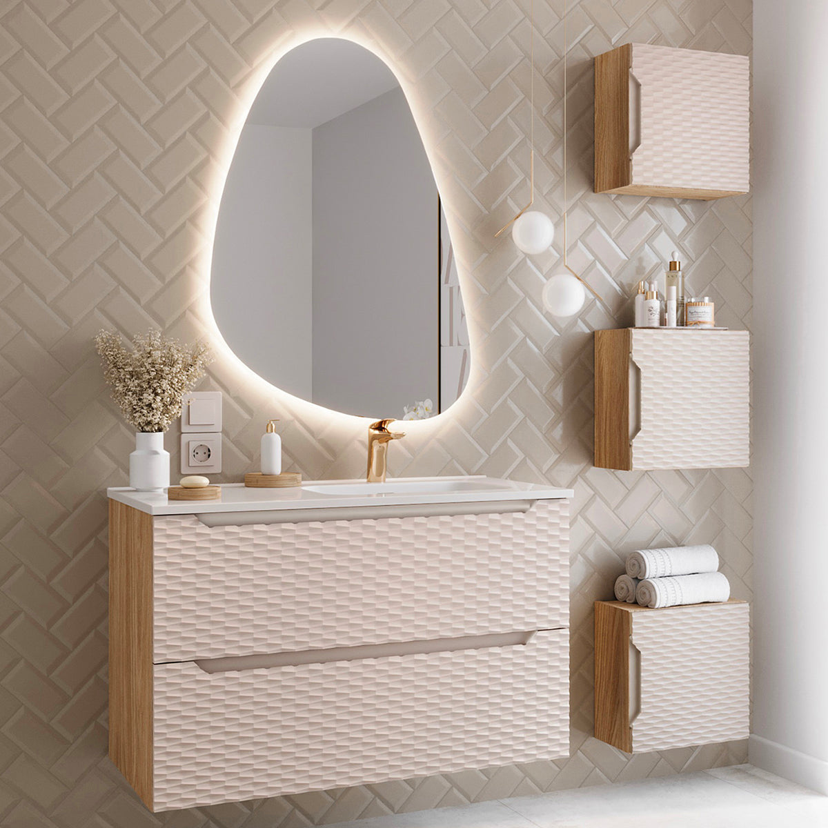 Meuble simple vasque encastrée droite 90cm Elora Beige et bois - vue 4