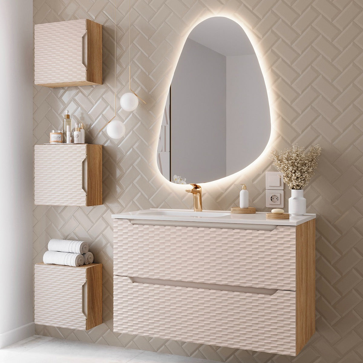 Meuble simple vasque encastrée gauche 90cm Elora Beige et bois - vue 4