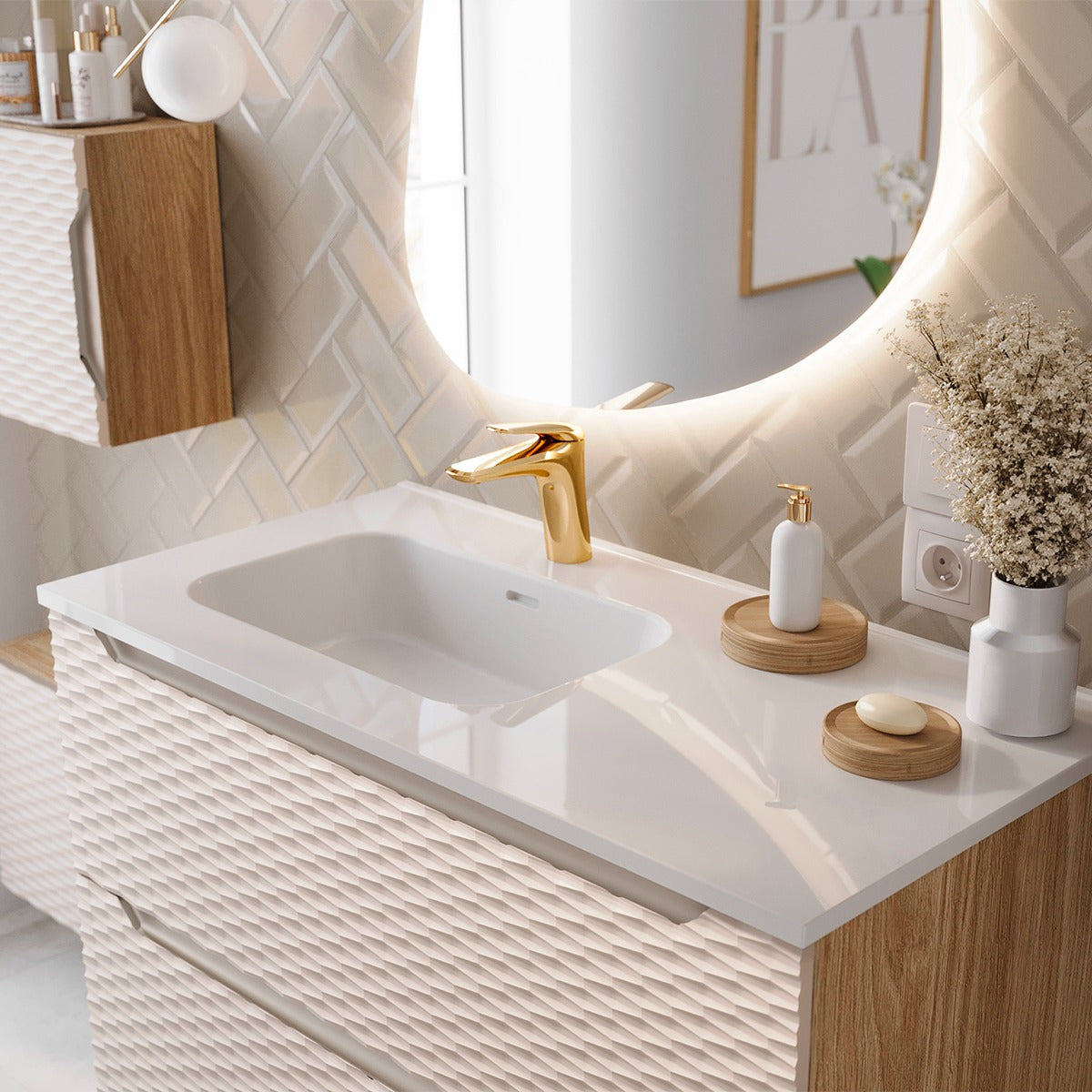 Ensemble meuble simple vasque encastrée gauche 90cm et colonne Elora Beige et bois - vue 7