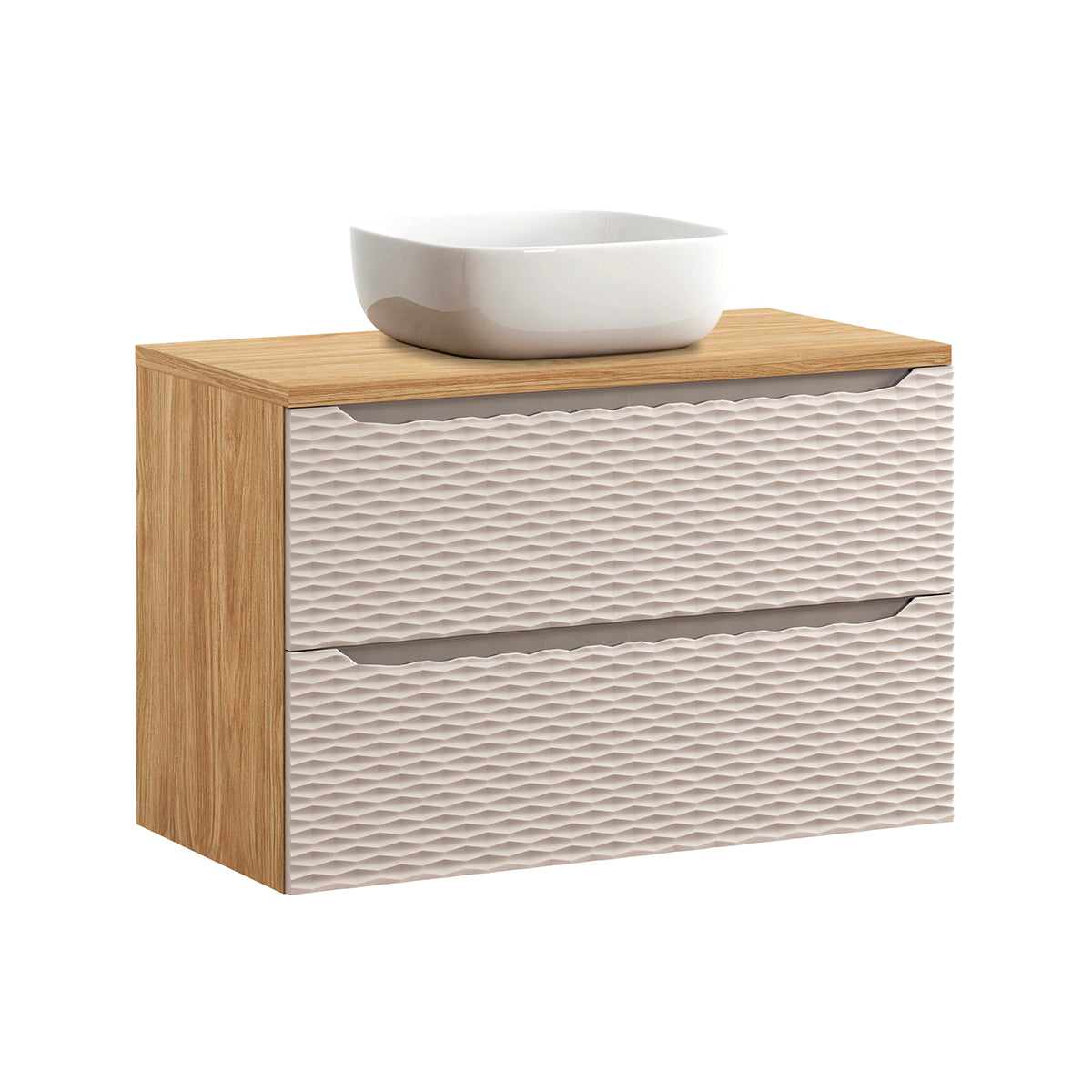 Ensemble meuble simple vasque 90cm et colonne Elora Beige et bois - vue 2