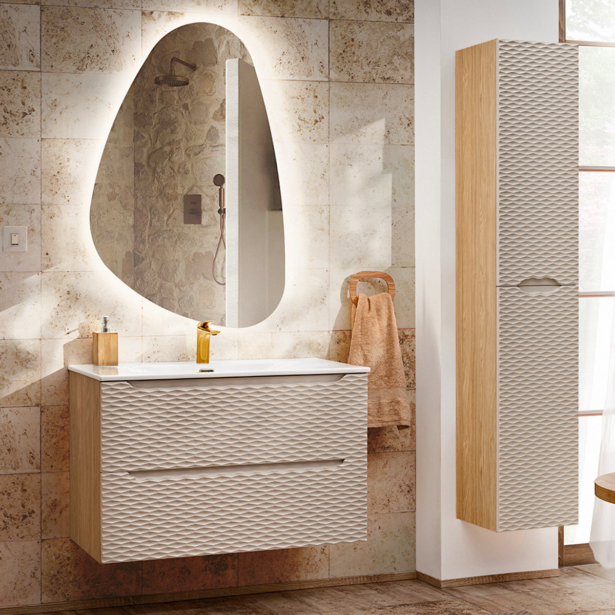 Meuble simple vasque encastrée 90cm Elora Beige et bois - vue 4