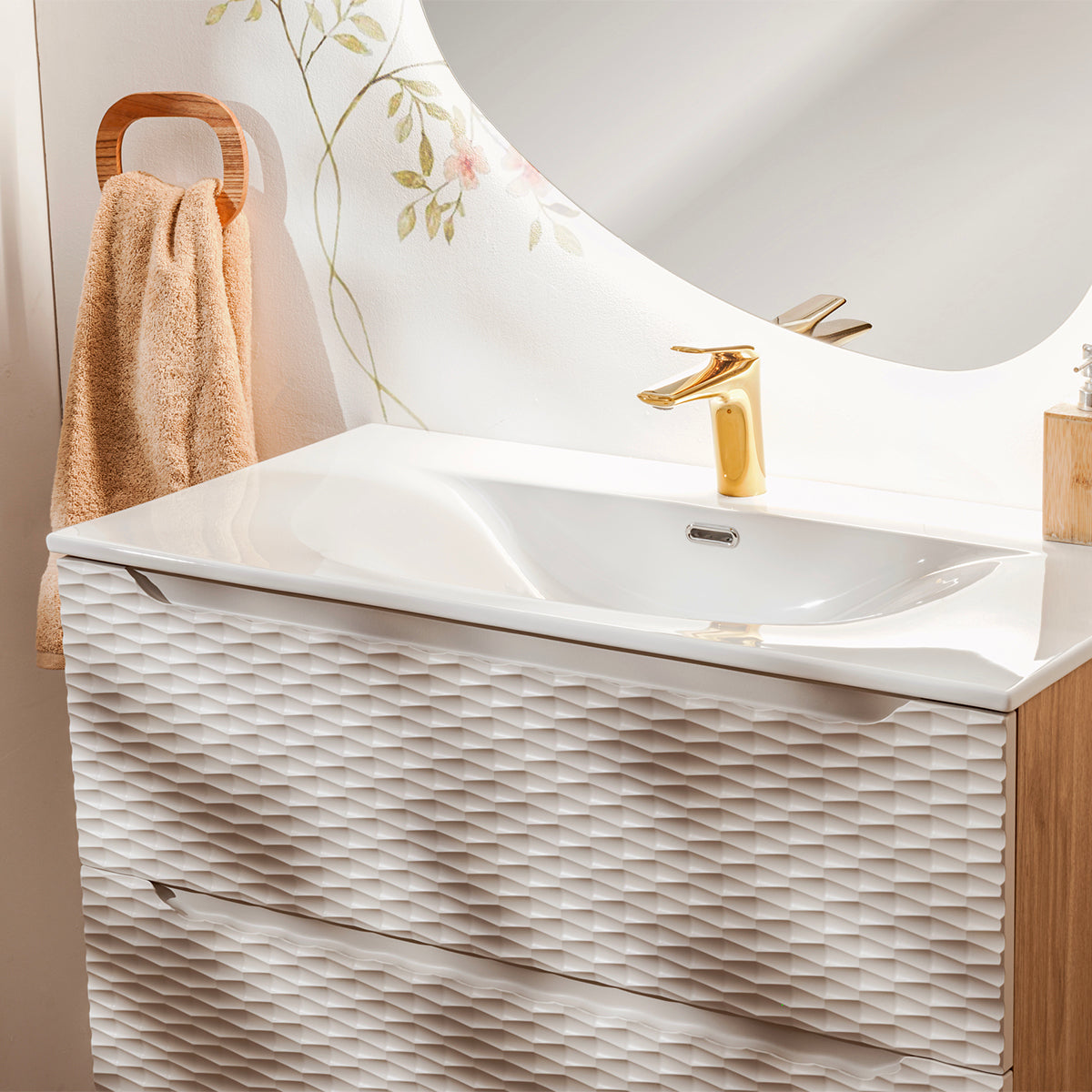Ensemble meuble simple vasque encastrée 90cm et colonne Elora Beige et bois - vue 7