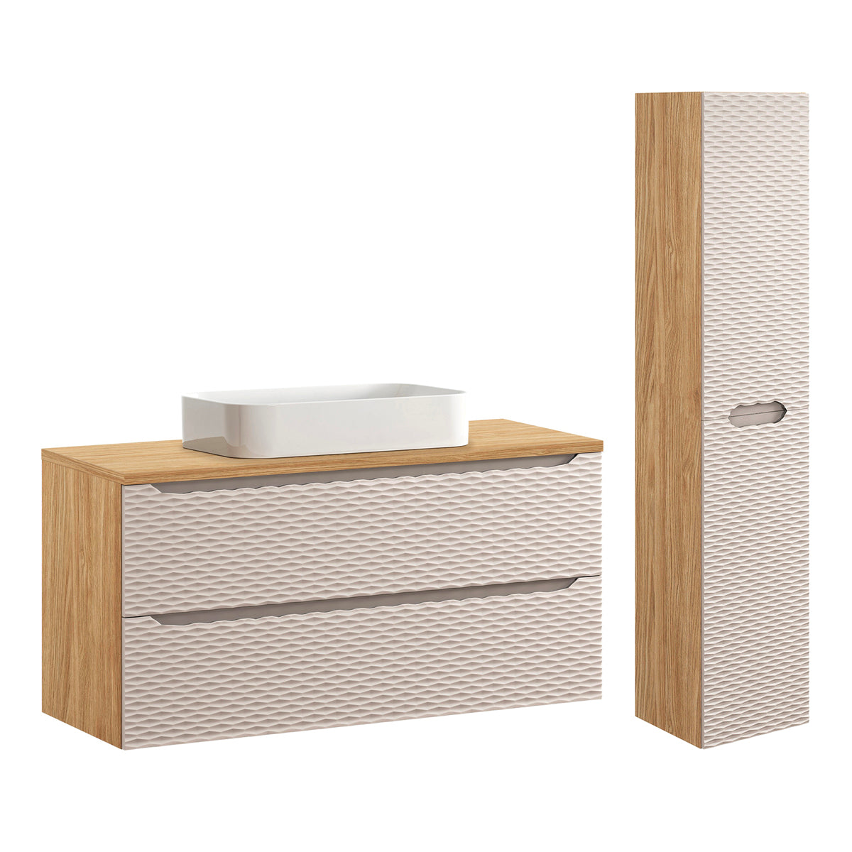 Ensemble meuble simple vasque 120cm 2 tiroirs et colonne Elora Beige et bois