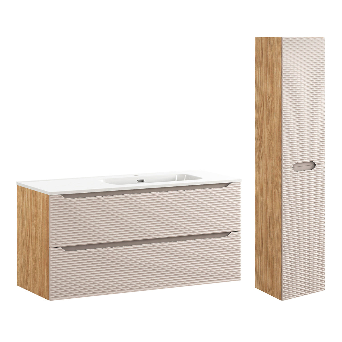 Ensemble meuble simple vasque encastrée droite 120cm 2 tiroirs et colonne Elora Beige et bois - vue 2