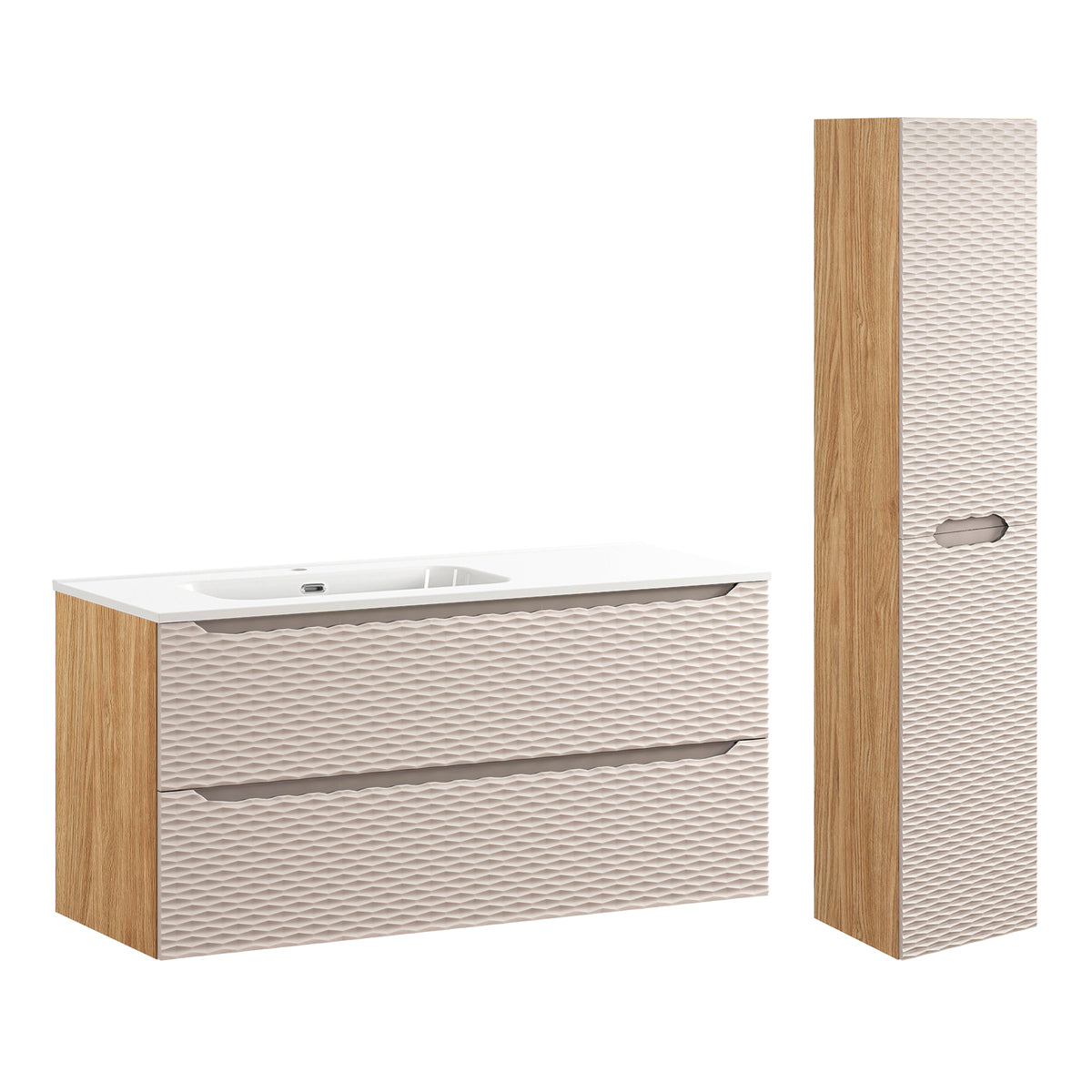 Ensemble meuble simple vasque encastrée gauche 120cm 2 tiroirs et colonne Elora Beige et bois - vue 2