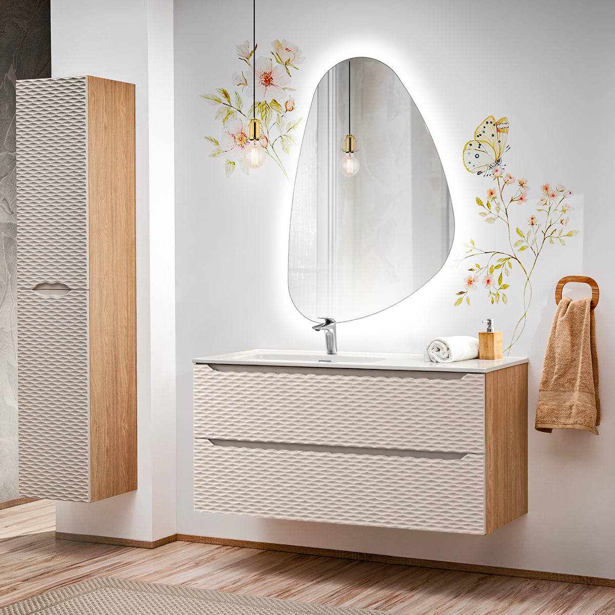 Ensemble meuble simple vasque encastrée gauche 120cm 2 tiroirs et colonne Elora Beige et bois