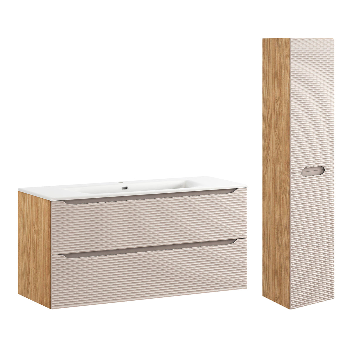 Ensemble meuble simple vasque encastrée 120cm 2 tiroirs et colonne Elora Beige et bois