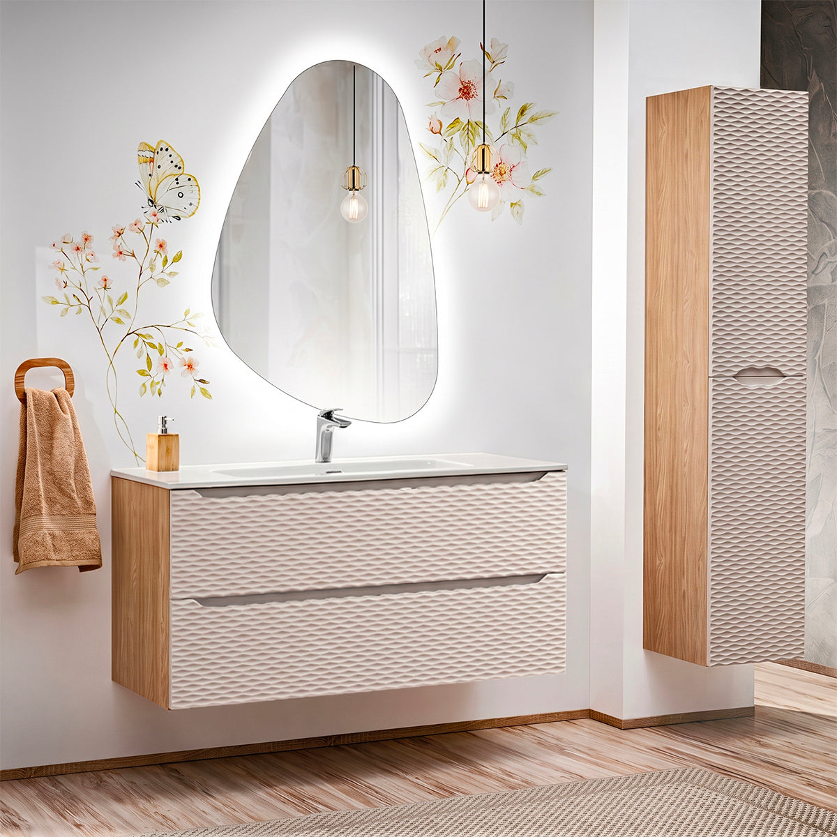 Ensemble meuble simple vasque encastrée 120cm 2 tiroirs et colonne Elora Beige et bois