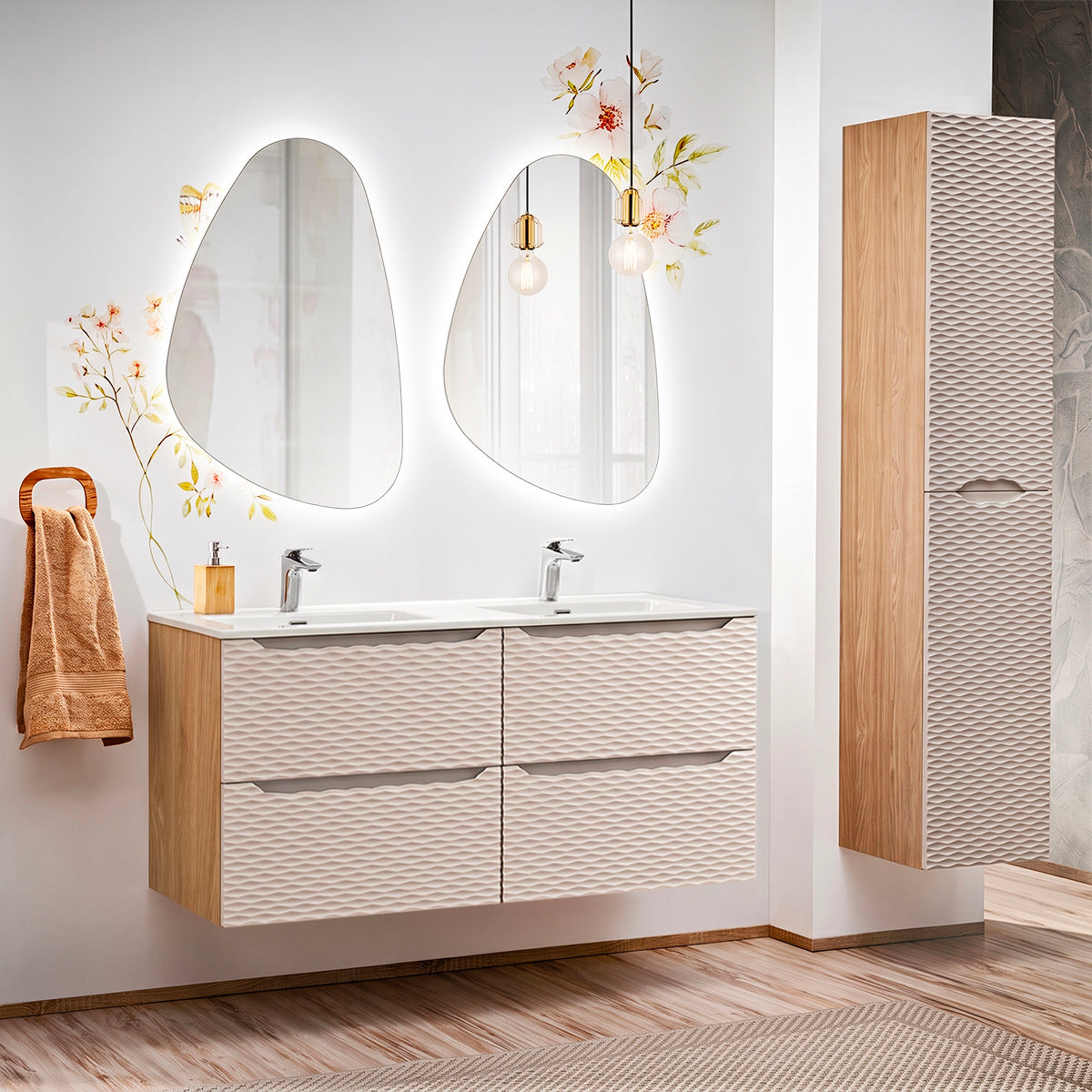Ensemble meuble double vasque encastrée 120cm 4 tiroirs et colonne Elora Beige et bois