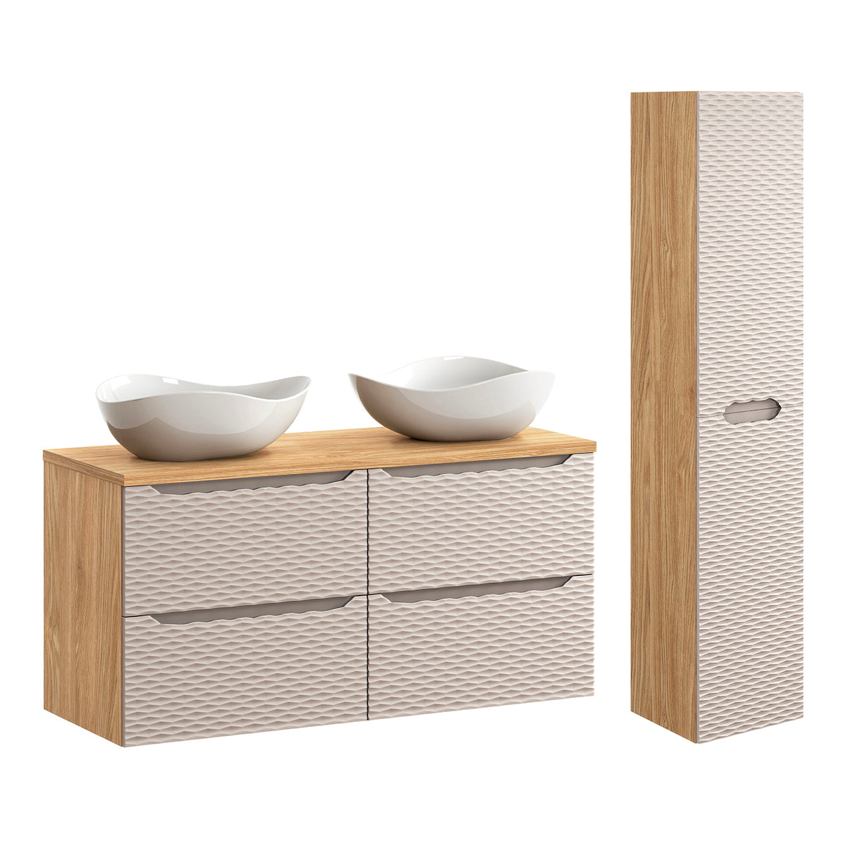 Ensemble meuble double vasque 120cm 4 tiroirs et colonne Elora Beige et bois Cloud - vue 2