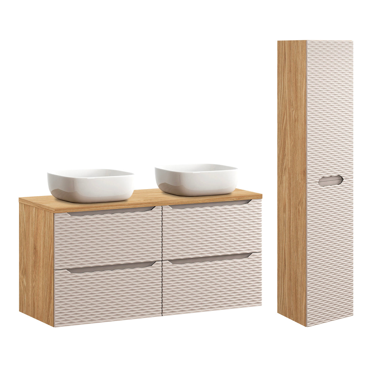 Ensemble meuble double vasque 120cm 4 tiroirs et colonne Elora Beige et bois