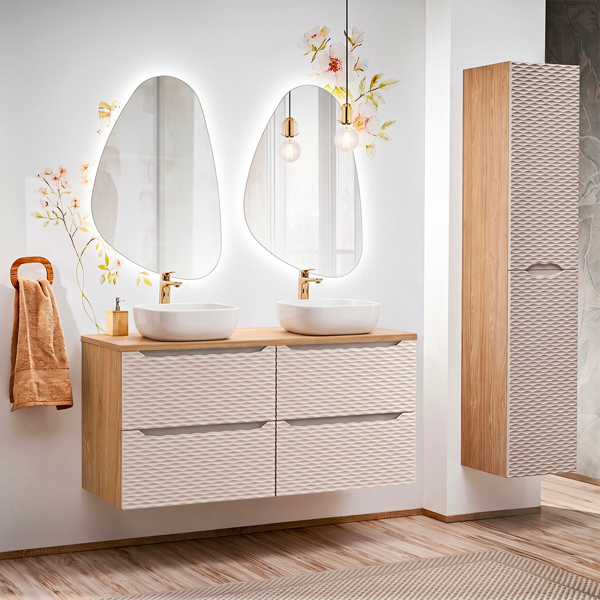 Ensemble meuble double vasque 120cm 4 tiroirs et colonne Elora Beige et bois