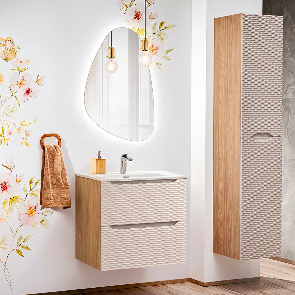 Ensemble meuble simple vasque encastrée 60cm et colonne Elora Beige et bois