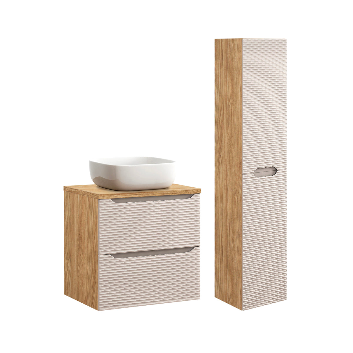 Ensemble meuble simple vasque 60cm et colonne Elora Beige et bois