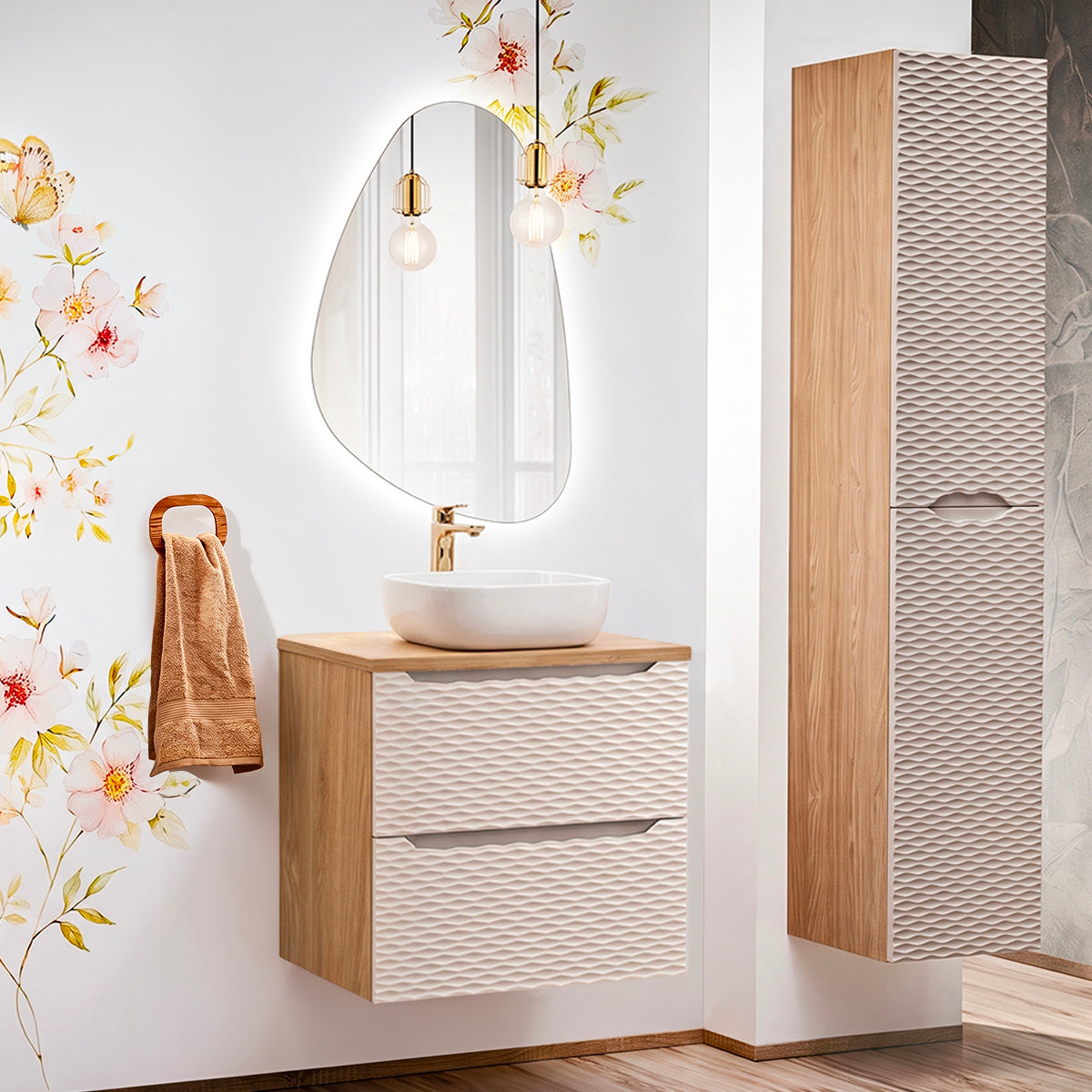Ensemble meuble simple vasque 60cm et colonne Elora Beige et bois