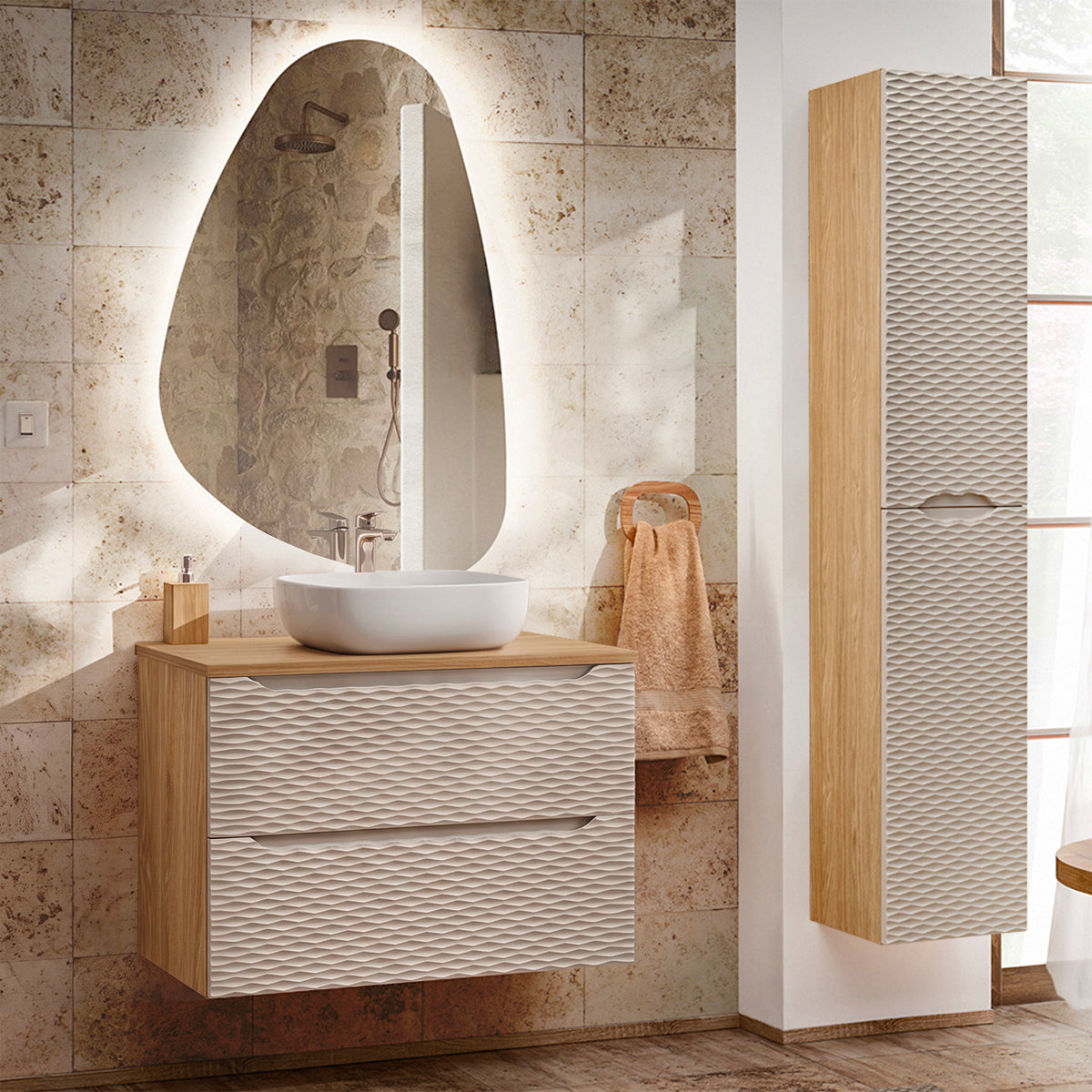 Ensemble meuble simple vasque 80cm et colonne Elora Beige et bois