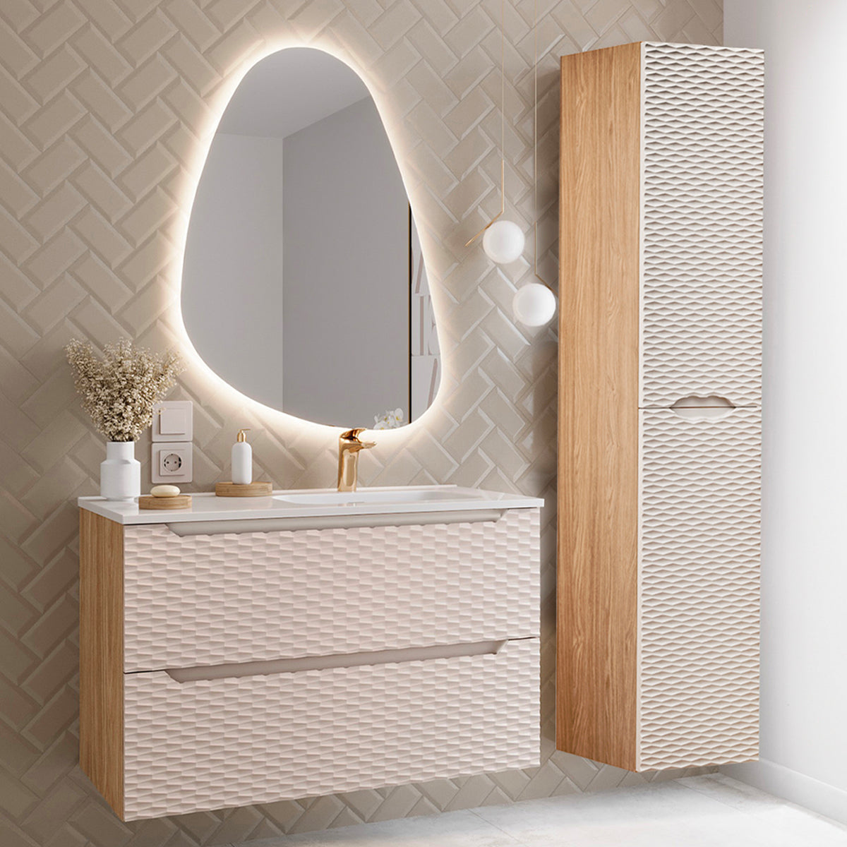 Ensemble meuble simple vasque encastrée droite 90cm et colonne Elora Beige et bois