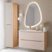 Ensemble meuble simple vasque encastrée gauche 90cm et colonne Elora Beige et bois