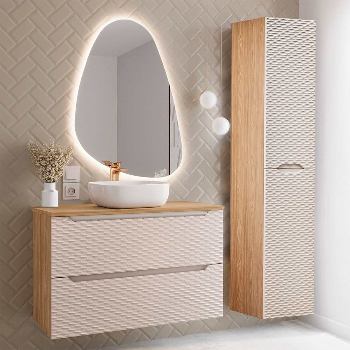 Ensemble meuble simple vasque 90cm et colonne Elora Beige et bois