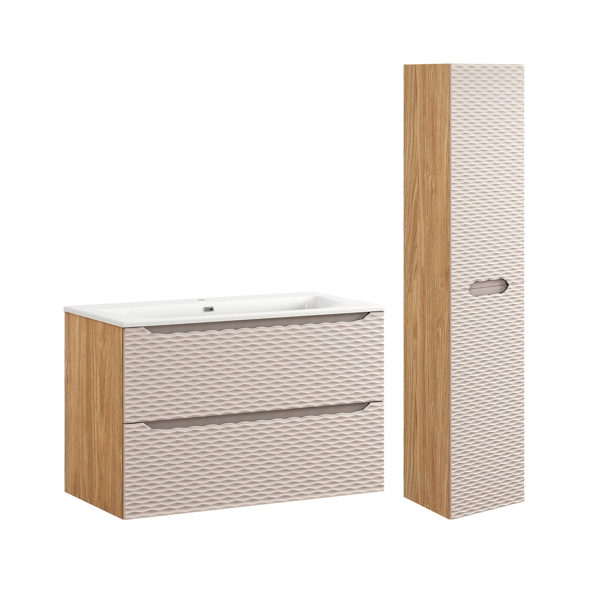 Ensemble meuble simple vasque encastrée 90cm et colonne Elora Beige et bois - vue 2