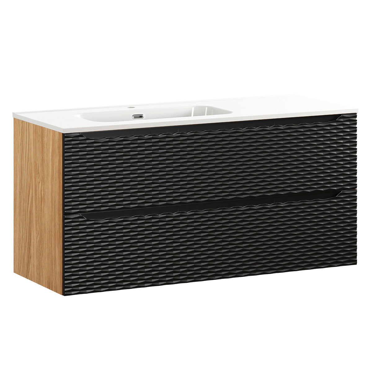 Meuble simple vasque encastrée gauche 120cm 2 tiroirs Elora Noir et bois
