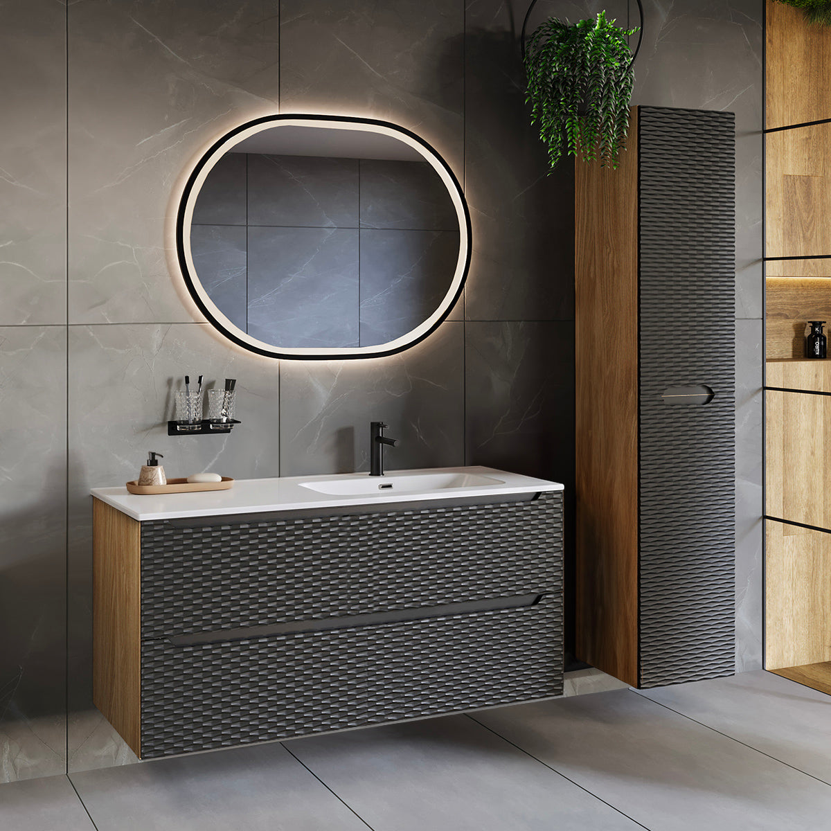 Ensemble meuble simple vasque encastrée droite 120cm 2 tiroirs et colonne Elora Noir et bois
