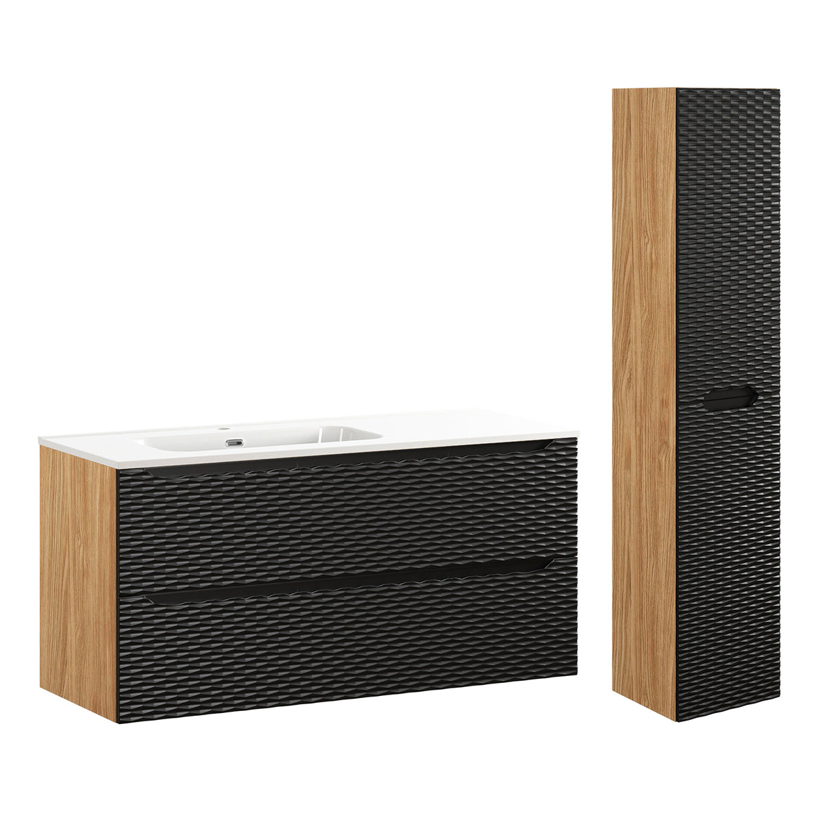 Ensemble meuble simple vasque encastrée gauche 120cm 2 tiroirs et colonne Elora Noir et bois