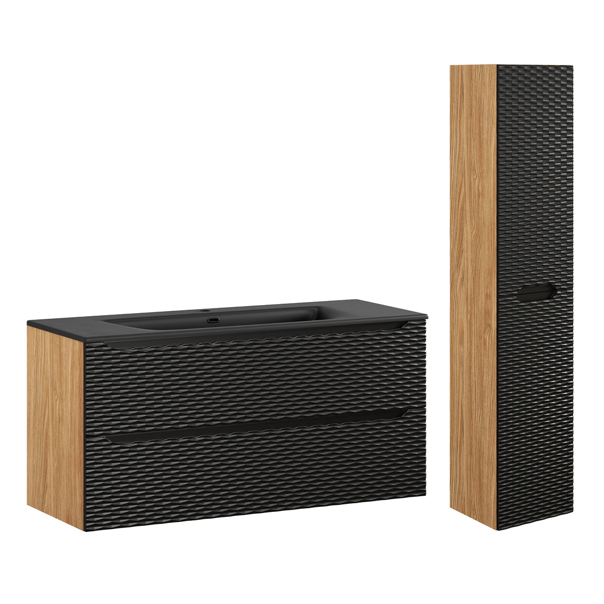 Ensemble meuble simple vasque encastrée 120cm 2 tiroirs et colonne Elora Noir et bois - vue 2