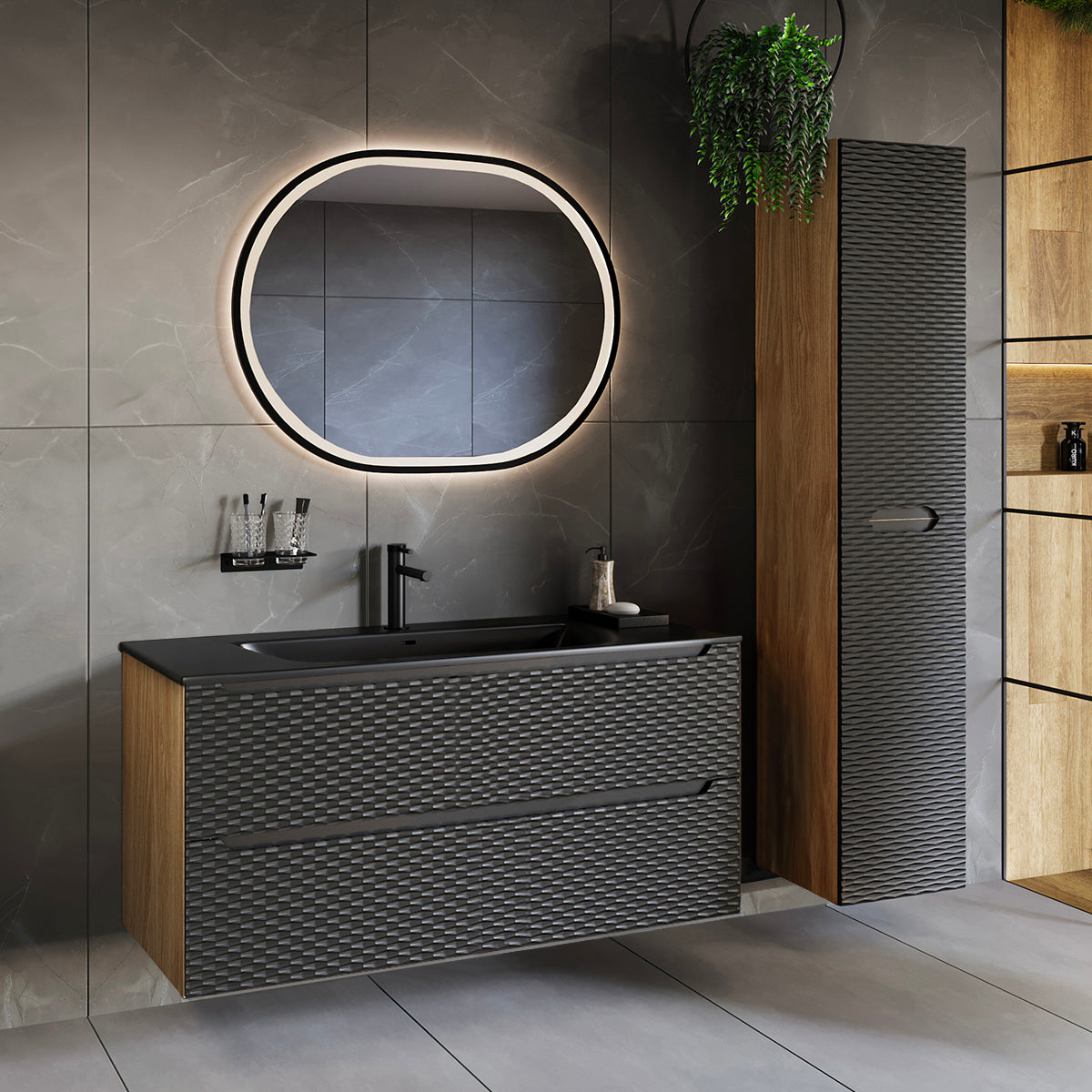Ensemble meuble simple vasque encastrée 120cm 2 tiroirs et colonne Elora Noir et bois
