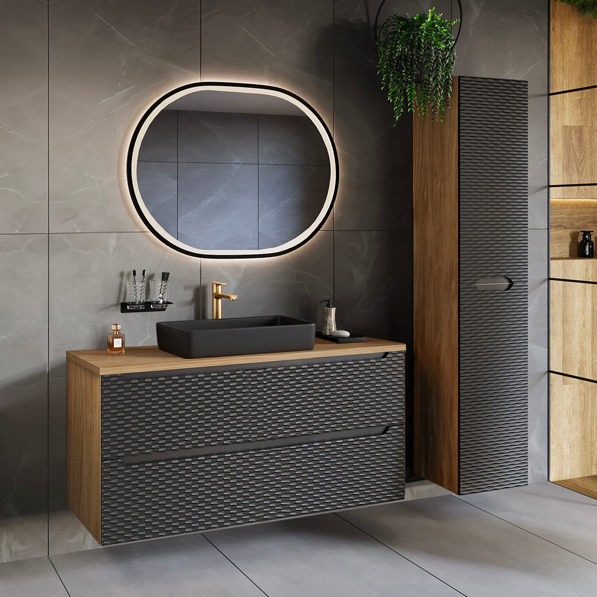 Ensemble meuble simple vasque 120cm 2 tiroirs et colonne Elora Noir et bois