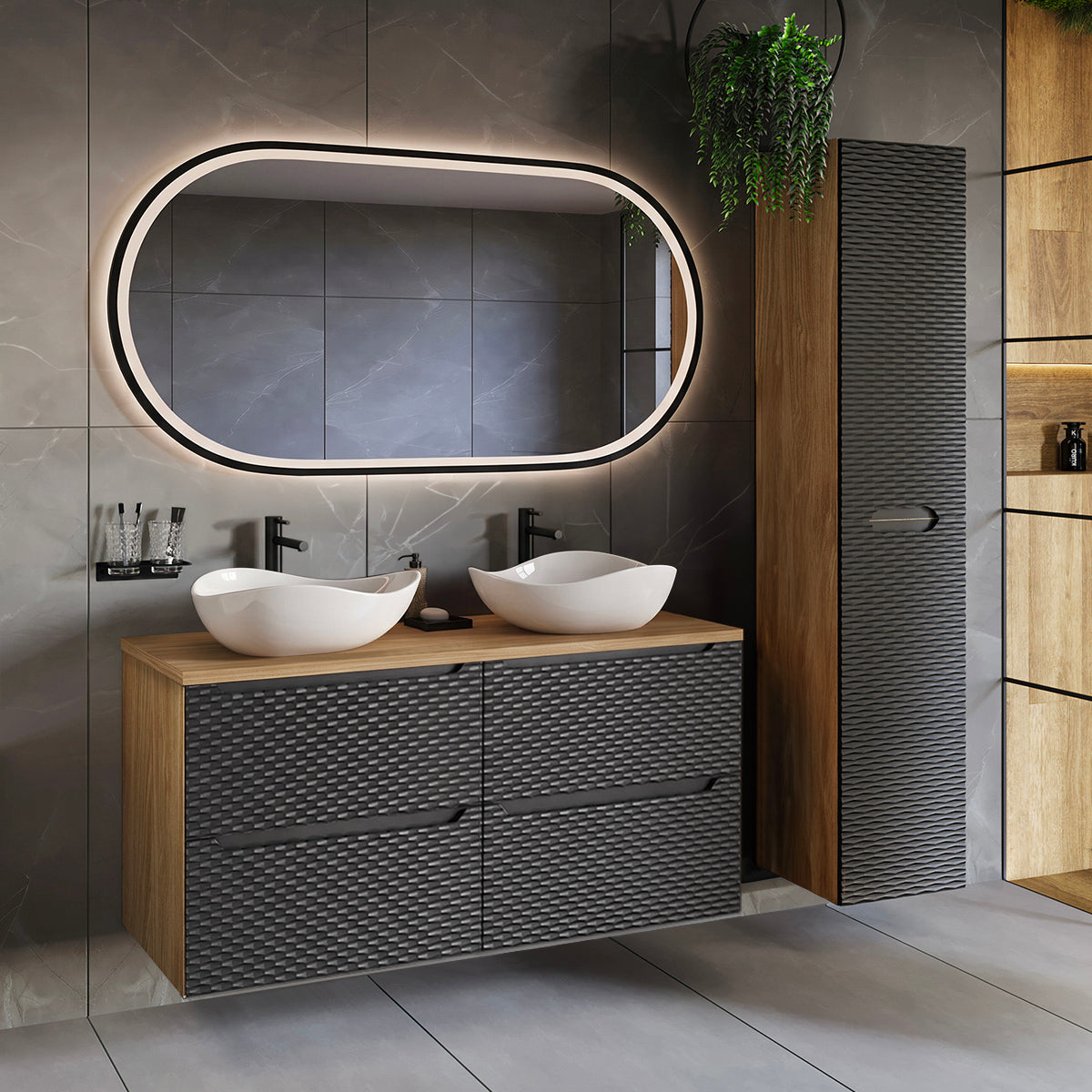 Ensemble meuble double vasque 120cm 4 tiroirs et colonne Elora Noir et bois Cloud
