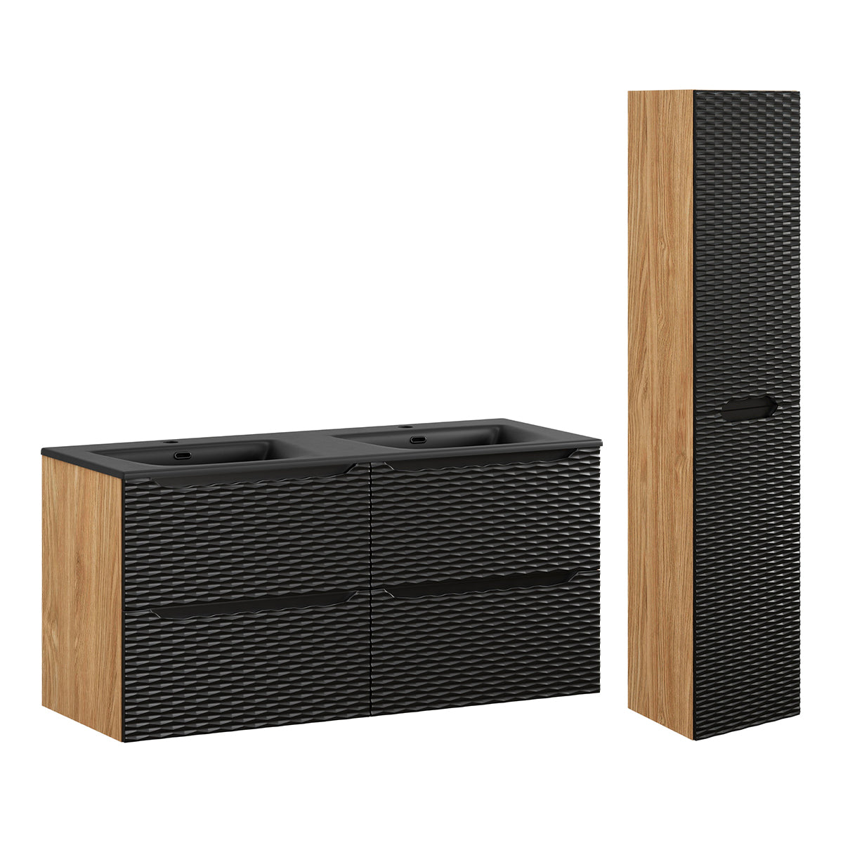Ensemble meuble double vasque encastrée 120cm 4 tiroirs et colonne Elora Noir et bois - vue 2