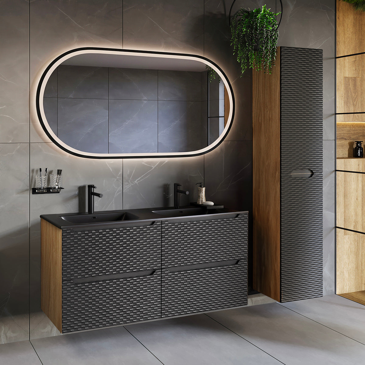 Ensemble meuble double vasque encastrée 120cm 4 tiroirs et colonne Elora Noir et bois