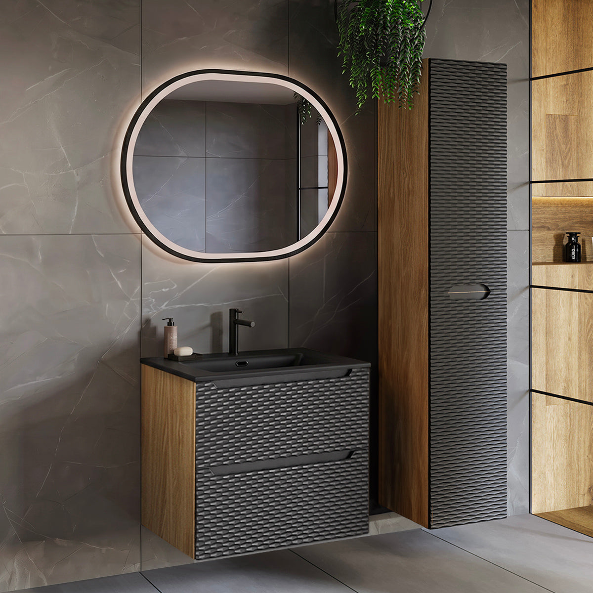 Ensemble meuble simple vasque encastrée 60cm et colonne Elora Noir et bois