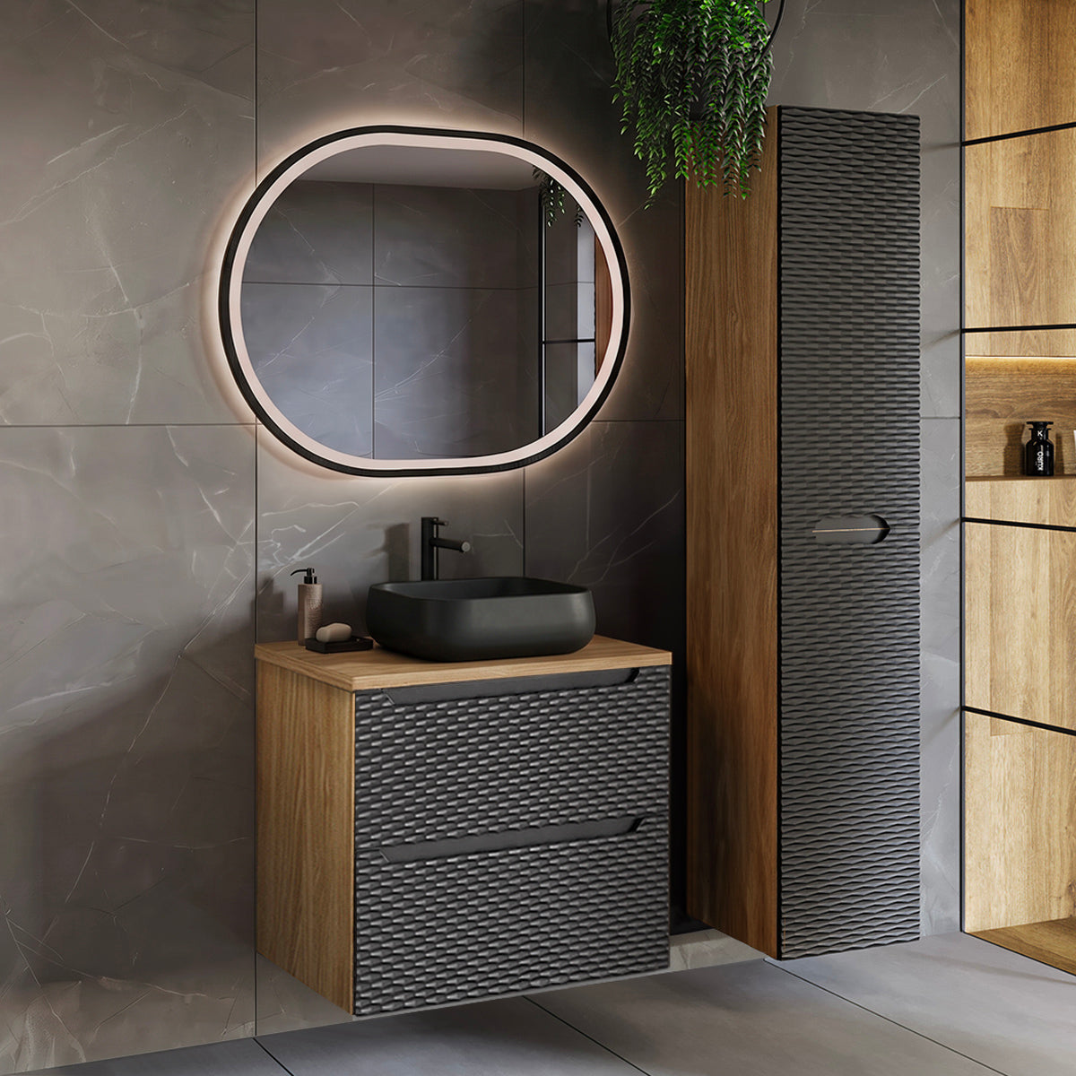 Ensemble meuble simple vasque 60cm et colonne Elora Noir et bois