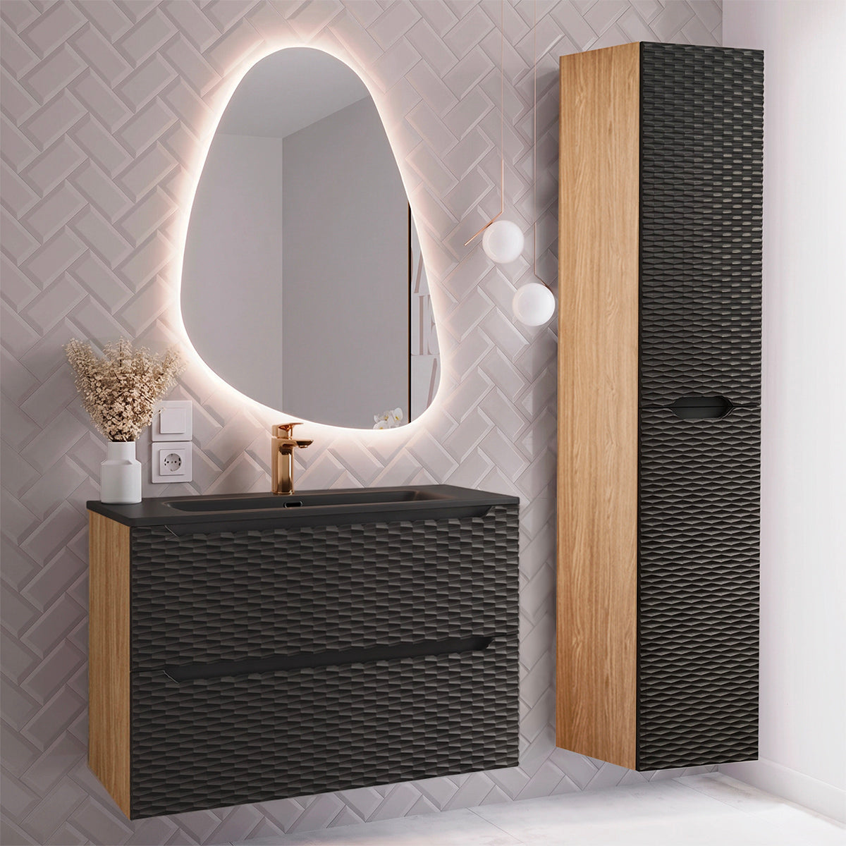Ensemble meuble simple vasque encastrée 80cm et colonne Elora Noir et bois