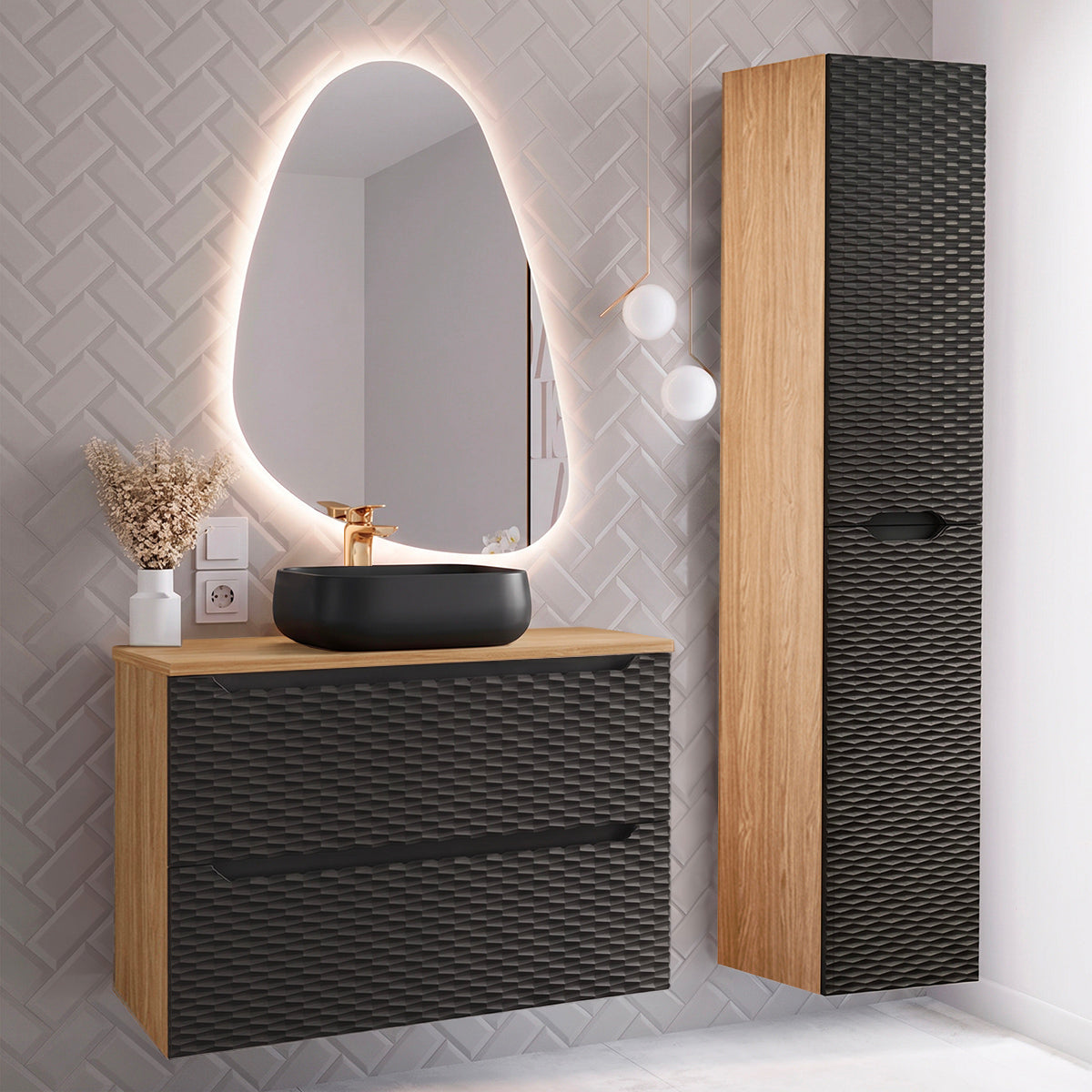 Ensemble meuble simple vasque 80cm et colonne Elora Noir et bois