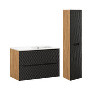 Ensemble meuble simple vasque encastrée droite 90cm et colonne Elora Noir et bois
