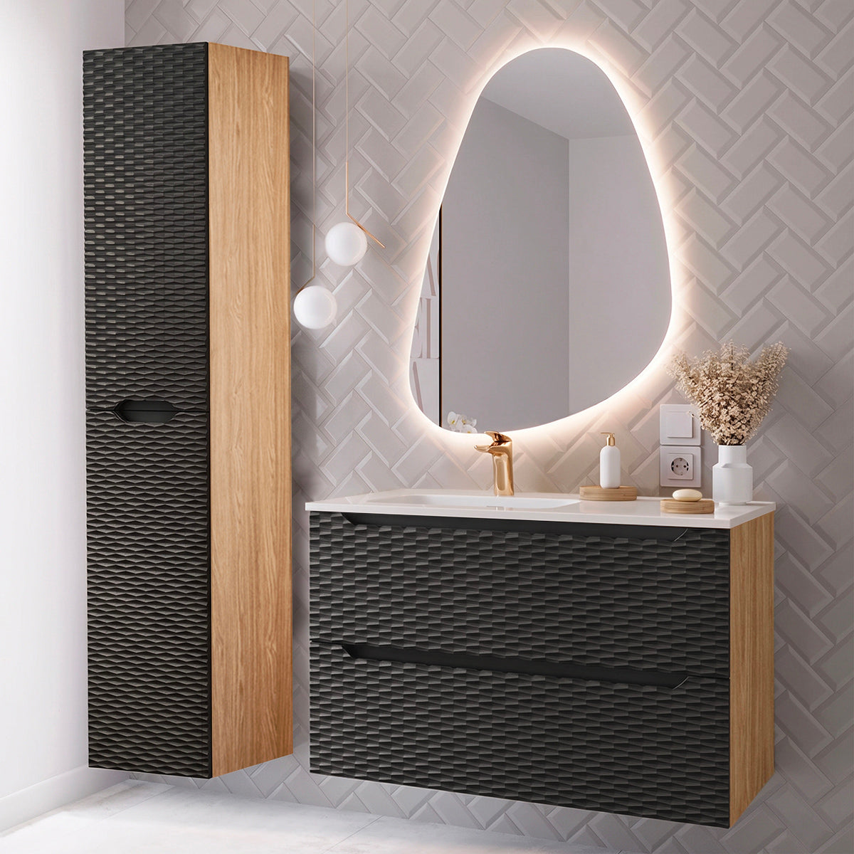 Ensemble meuble simple vasque encastrée gauche 90cm et colonne Elora Noir et bois