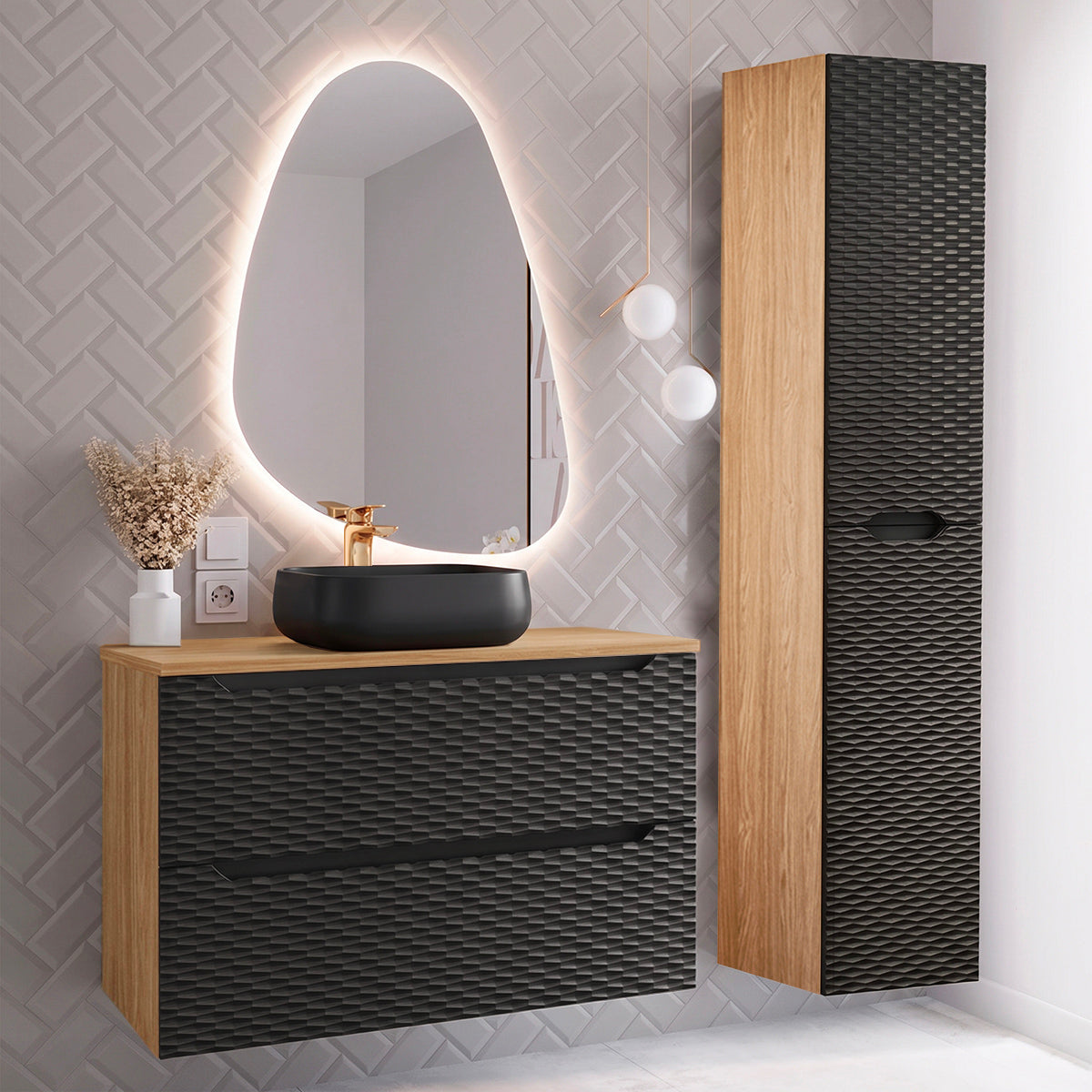Ensemble meuble simple vasque 90cm et colonne Elora Noir et bois