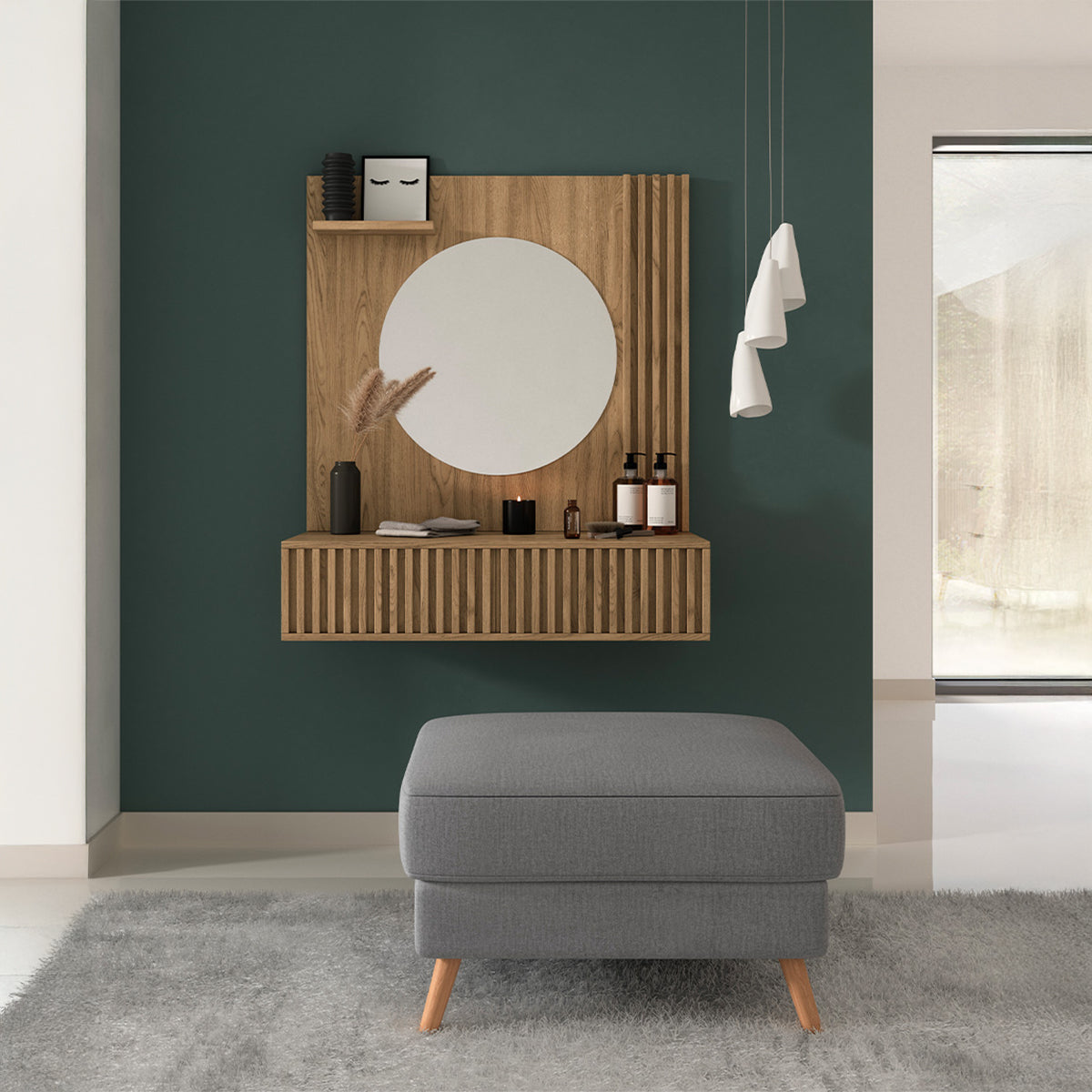 Coiffeuse murale 1 tiroir 1 miroir Esteban Bois - vue 2