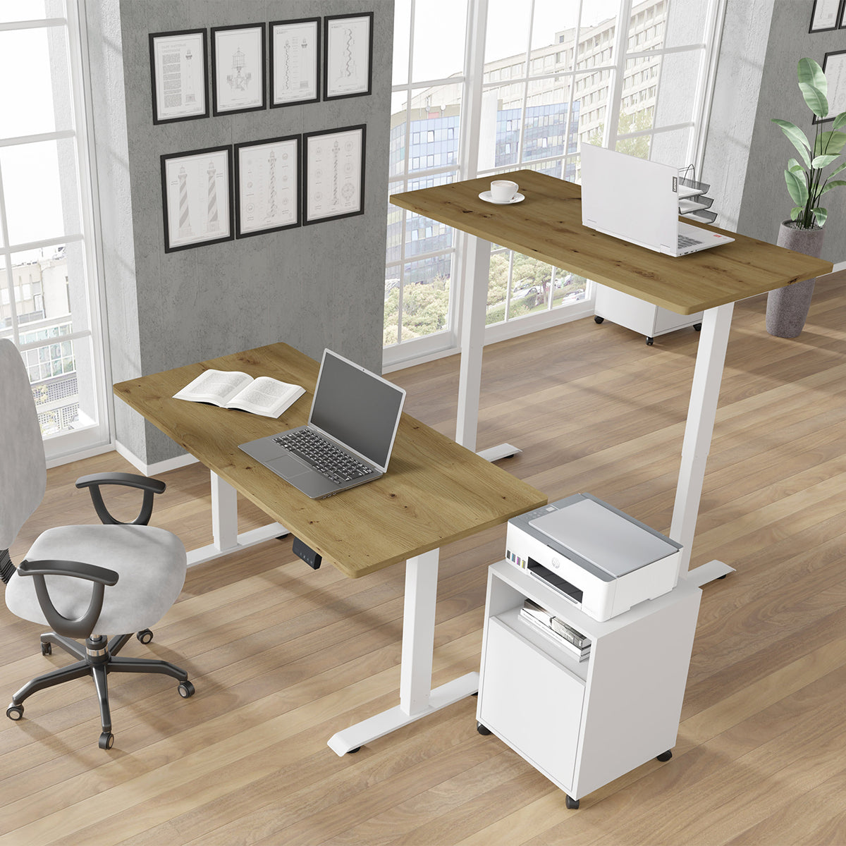 Bureau électrique 140 cm Ergo Bois et Blanc - vue 3