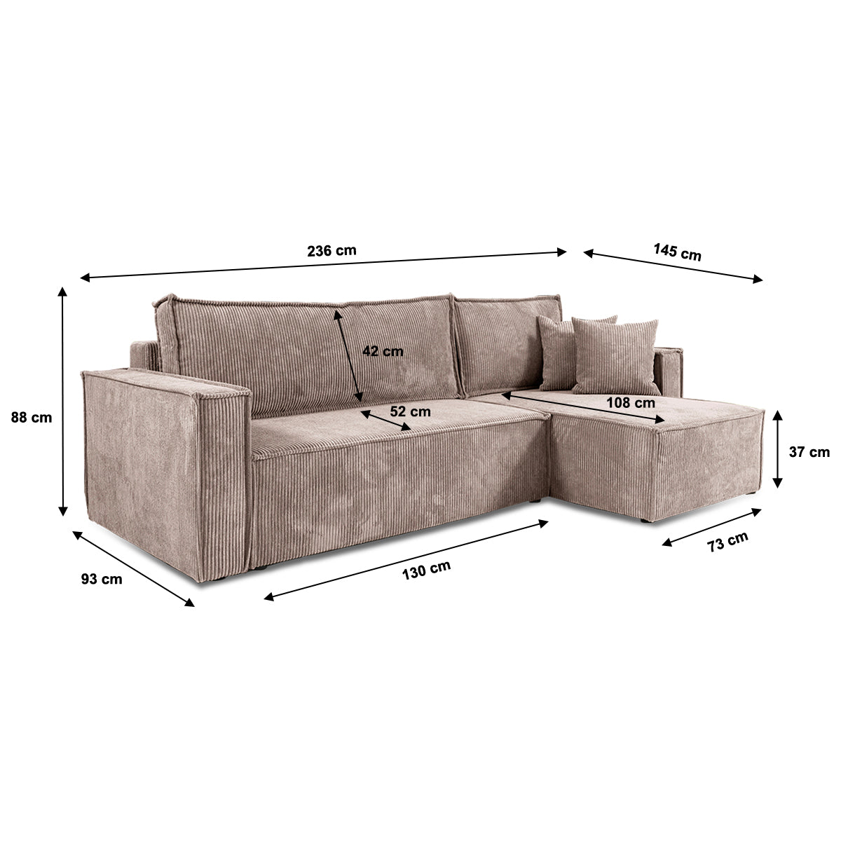 Canapé d'angle réversible convertible 3 places Ezekiel velours côtelé Taupe - vue 7