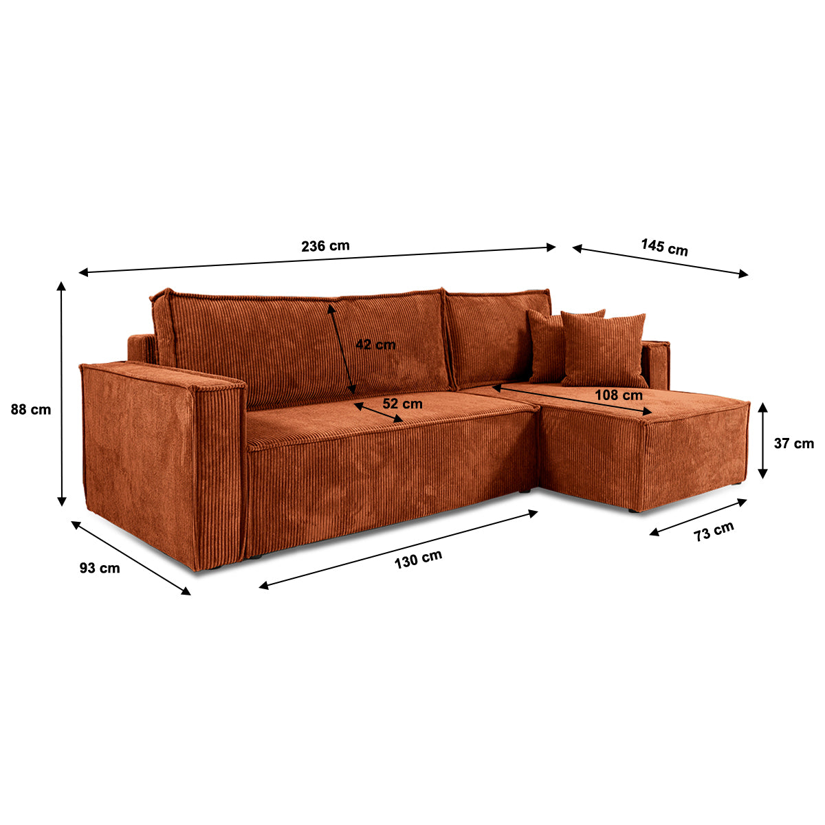 Canapé d'angle réversible convertible 3 places Ezekiel velours côtelé Terracotta - vue 7